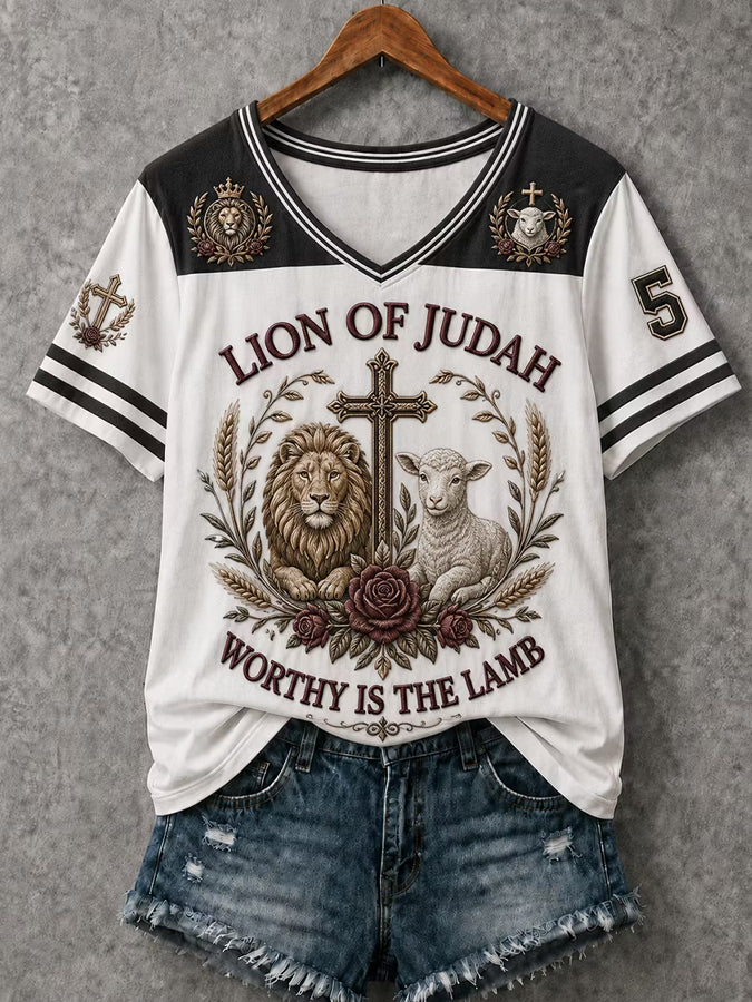 Women's Christian Lion of Judah & Lamb "Worthy Is The Lamb"  V-Neck Short Sleeve T-shirt