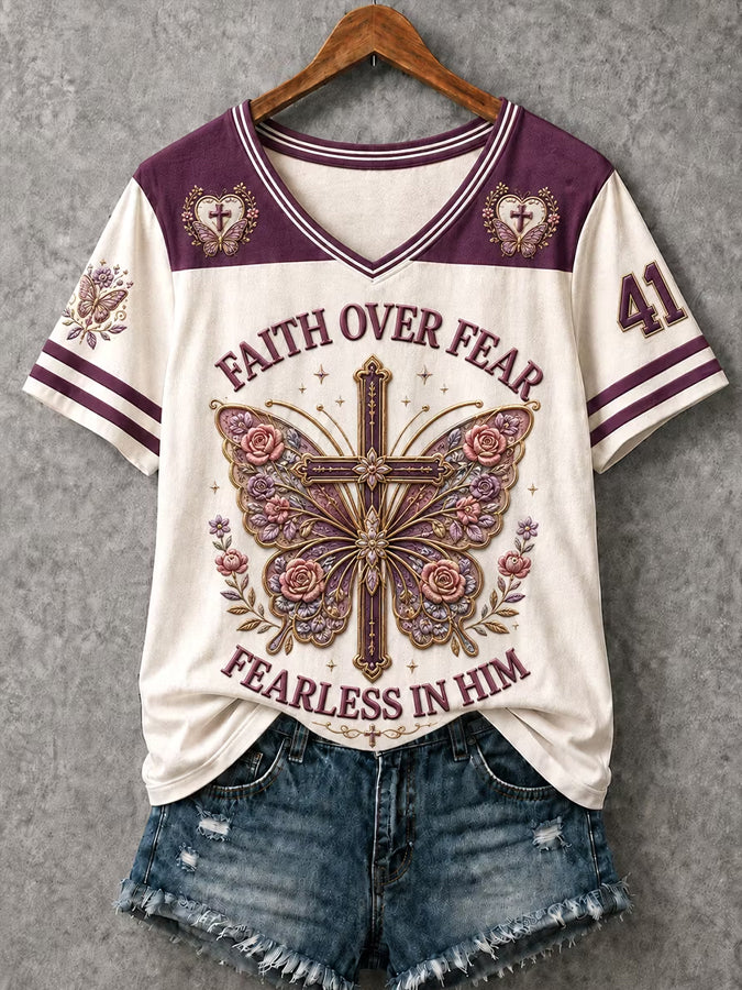 Women's Christian Faith Over Fear Butterfly Cross V-Neck Short Sleeve T-shirt