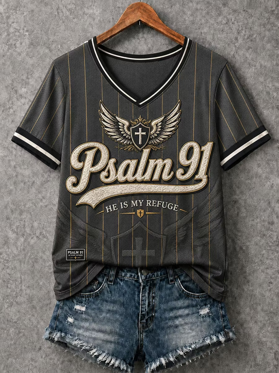 Women's Christian Psalm 91 "He Is My Refuge" V-Neck Short Sleeve T-shirt