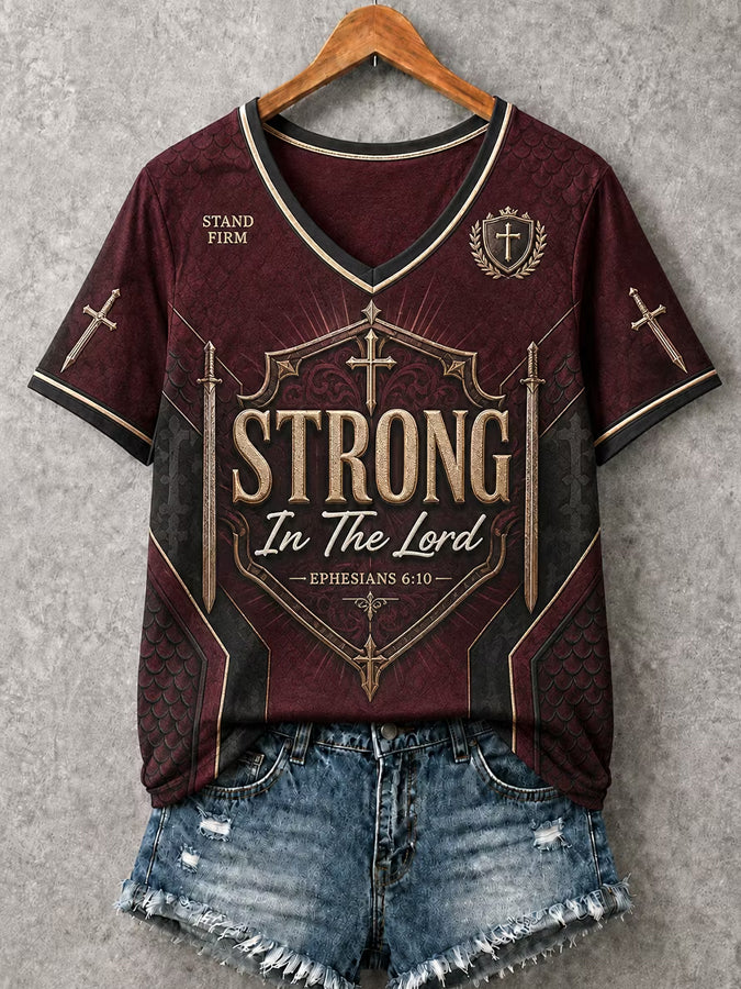 Women's Christian Strong In The Lord Armor Sword V-Neck Short Sleeve T-shirt