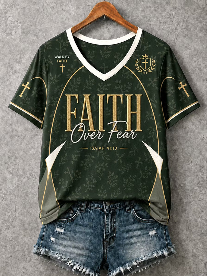 Women's Christian Faith Over Fear Cross V-Neck Short Sleeve T-shirt