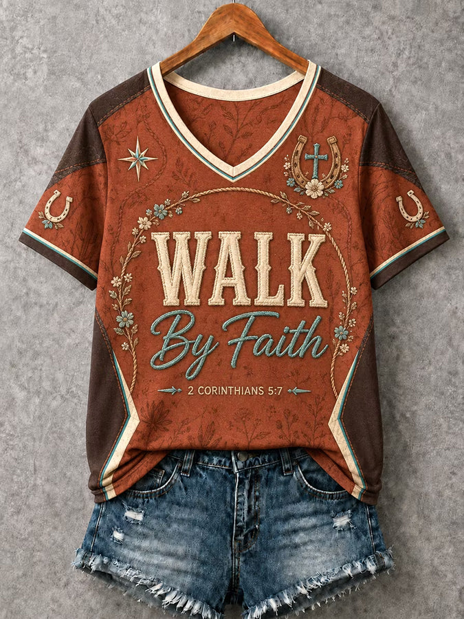 Women's Christian Walk By Faith Cross V-Neck Short Sleeve T-shirt