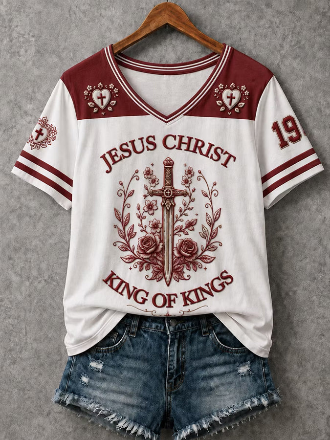 Women's Christian Jesus Christ "King Of Kings" Cross V-Neck Short Sleeve T-shirt