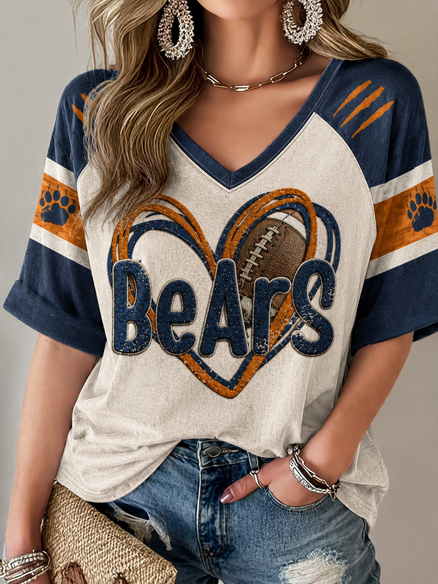 Women's Chicago Football Lover Bears Art Printed Mid-length Sleeves V-Neck T-Shirt