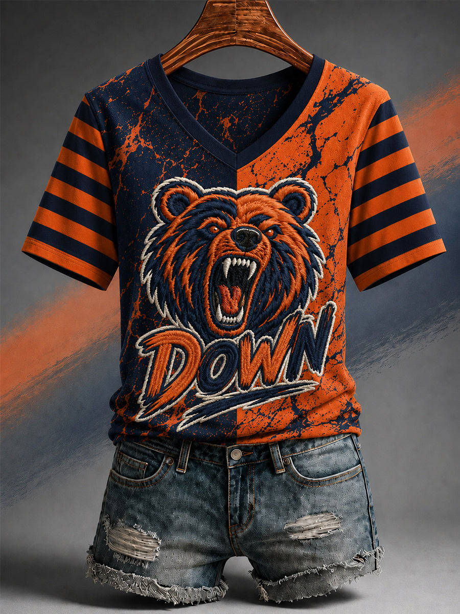 Women's Bear Down Football Gameday Gift For Football Fans Casual V-Neck Tee
