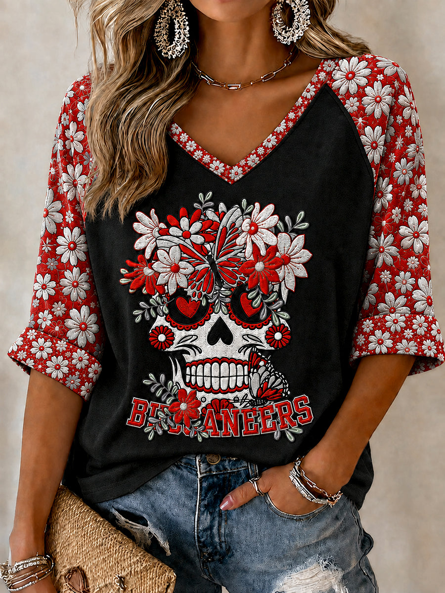 Women's Football Fan Print Mid-length Sleeves V-Neck T-Shirt