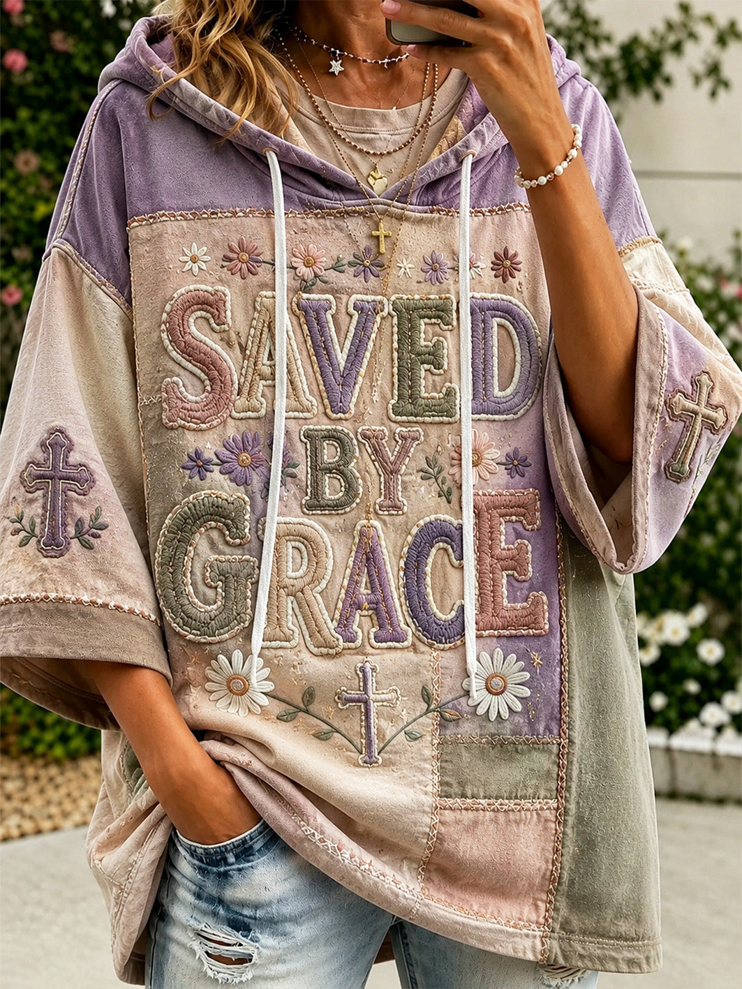 Women's faith theme slogan pattern color-blocked design casual hoodie