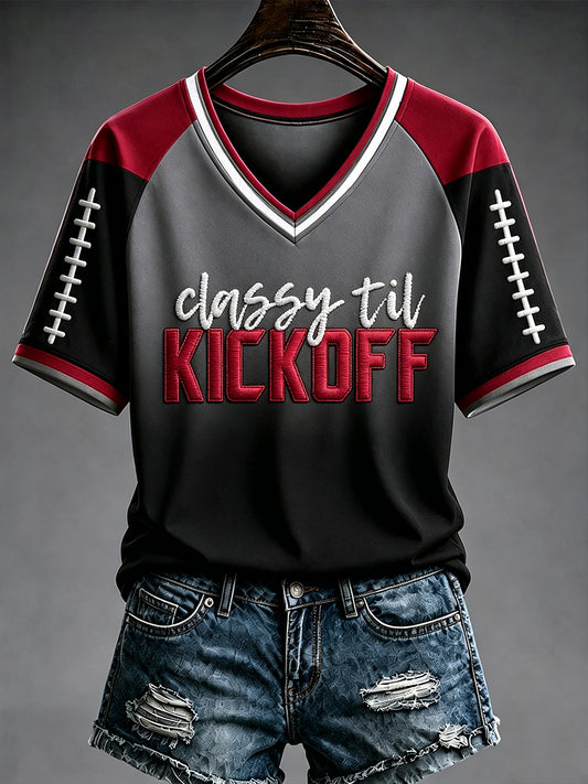 Women's Football Fan Print V-neck T-shirt