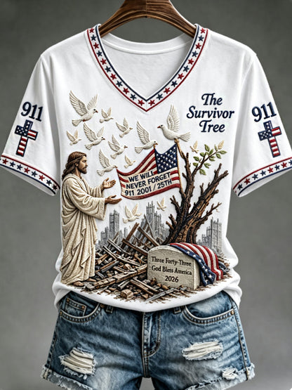 Women's WE WILL NEVER FORGET 2001/25TH/2026 God Bless America T-shirt