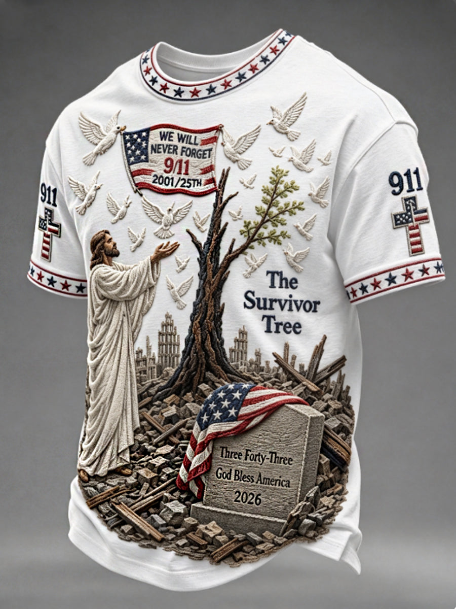 Men's WE WILL NEVER FORGET 2001/25TH/2026 God Bless America T-shirt