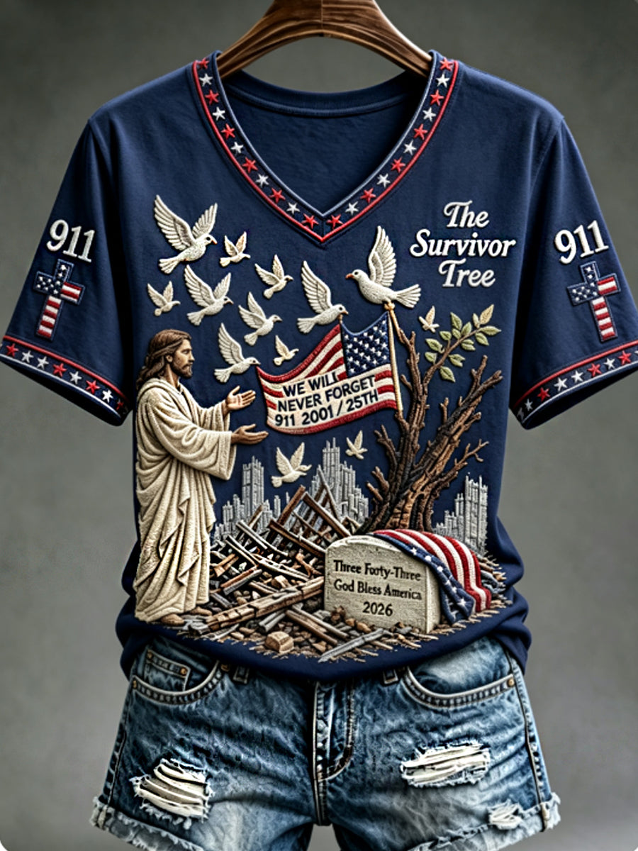 Women's WE WILL NEVER FORGET 2001/25TH/2026 God Bless America T-shirt