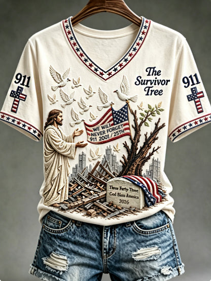 Women's WE WILL NEVER FORGET 2001/25TH/2026 God Bless America T-shirt