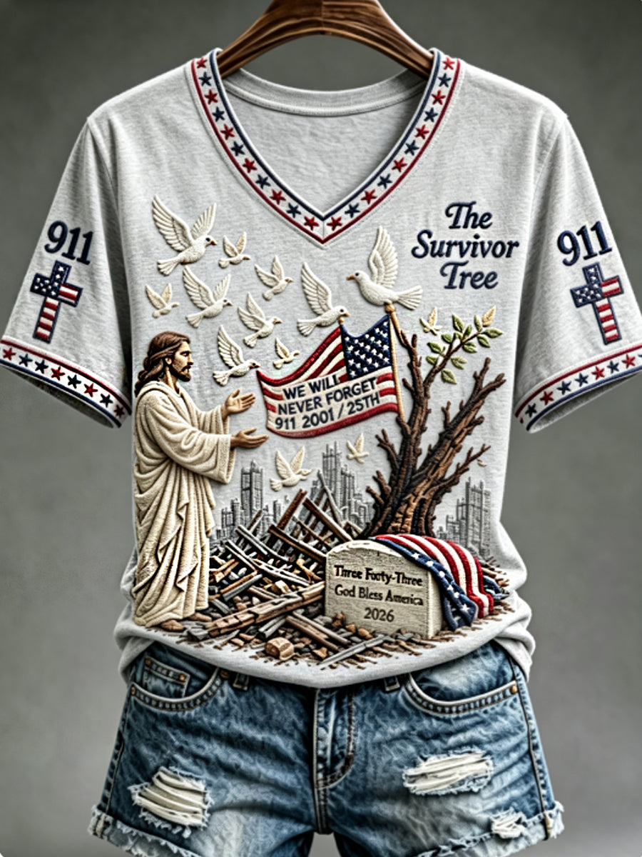 Women's WE WILL NEVER FORGET 2001/25TH/2026 God Bless America T-shirt