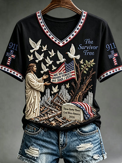 Women's WE WILL NEVER FORGET 2001/25TH/2026 God Bless America T-shirt
