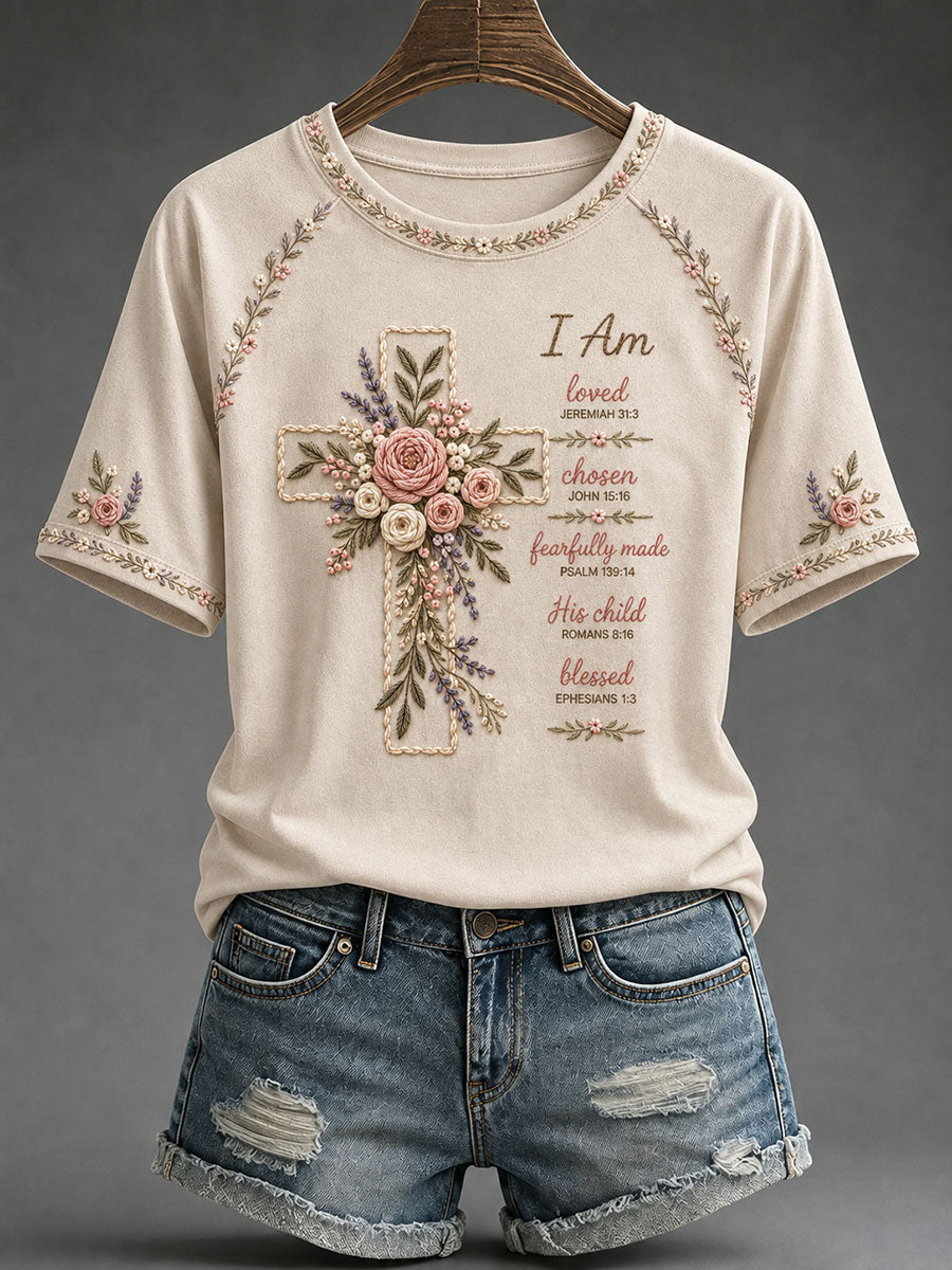 Women's Floral Cross Print Casual T-Shirt