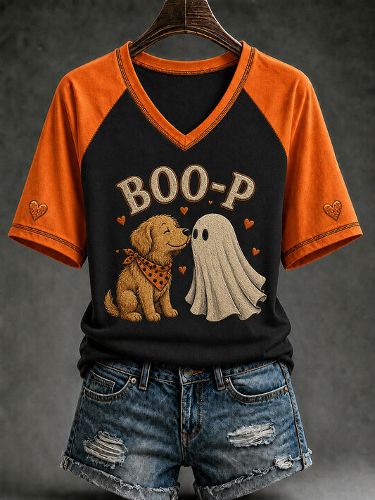 Women's Halloween Boo-P Dog Printed V-neck T-shirt
