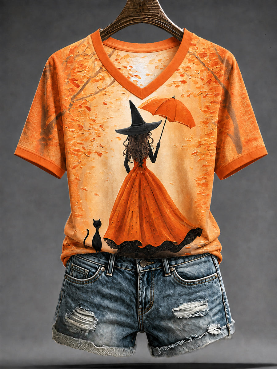 Women's Halloween Witch Black Cat Art  Short Sleeve T-shirt