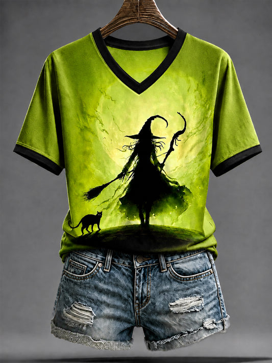 Women's Halloween Witch Black Cat Art  Short Sleeve T-shirt