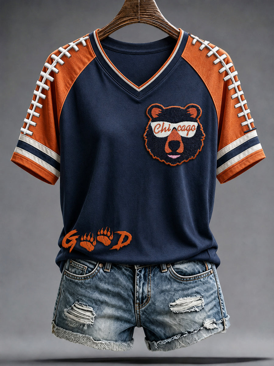 Women's Chicago Football Lover Bear Art Printed T-shirt