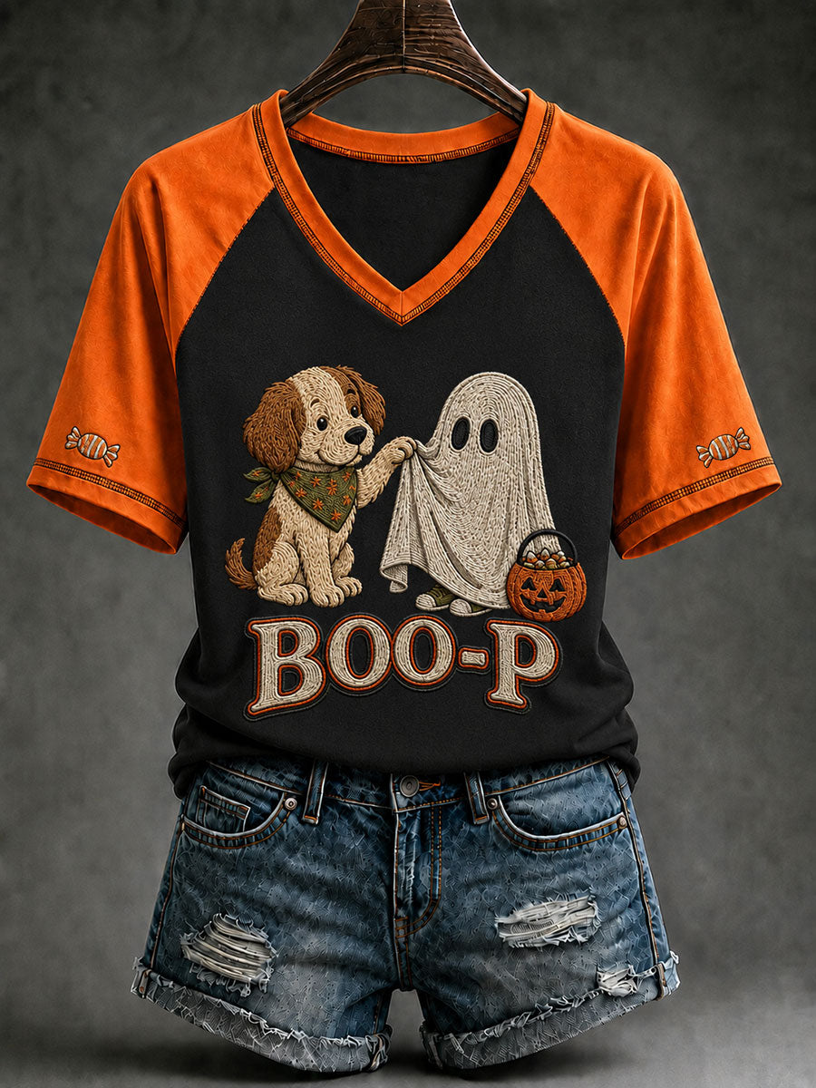 Women's Halloween Boo-P Dog Printed V-neck T-shirt