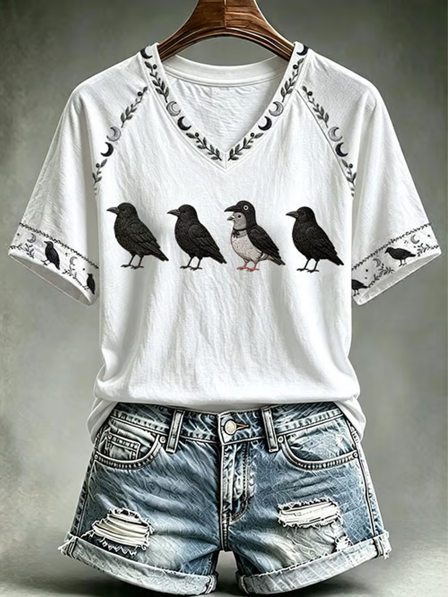 Women's Halloween print V-neck off-shoulder short-sleeved T-shirt