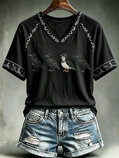 Women's Halloween print V-neck off-shoulder short-sleeved T-shirt