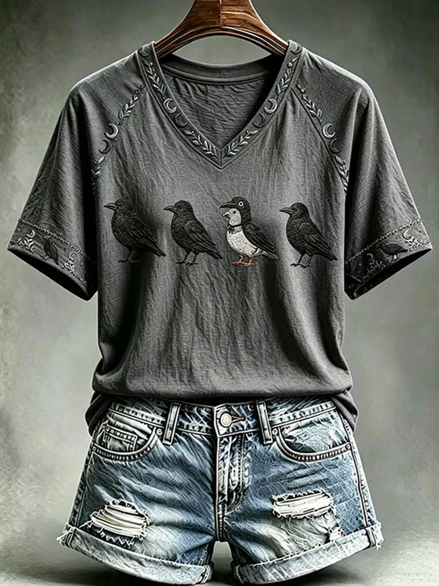 Women's Halloween print V-neck off-shoulder short-sleeved T-shirt
