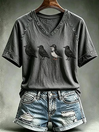 Women's Halloween print V-neck off-shoulder short-sleeved T-shirt