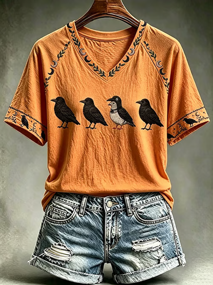 Women's Halloween print V-neck off-shoulder short-sleeved T-shirt