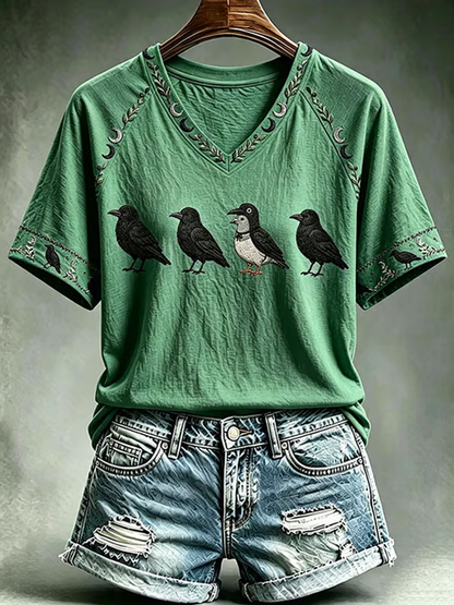 Women's Halloween print V-neck off-shoulder short-sleeved T-shirt