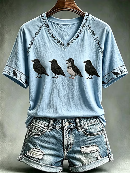 Women's Halloween print V-neck off-shoulder short-sleeved T-shirt