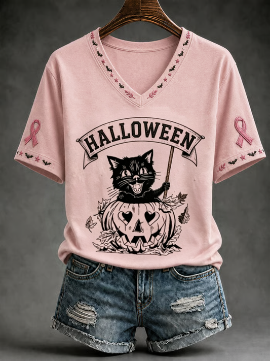Women's Helloween Black Cat Printed short-sleeved T-shirt