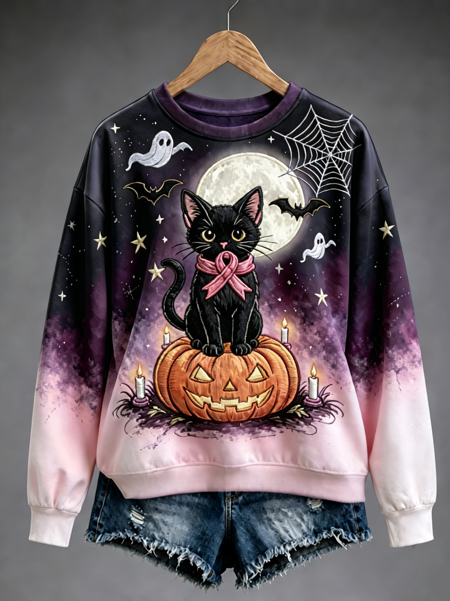 Women's Helloween Black Cat Printed Regular Sweatshirt