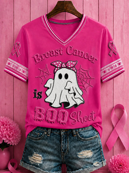 Women's Halloween Breast Cancer Pink Flowers Printed V-neck T-shirt