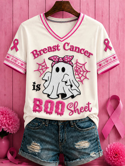 Women's Halloween Breast Cancer Pink Flowers Printed V-neck T-shirt