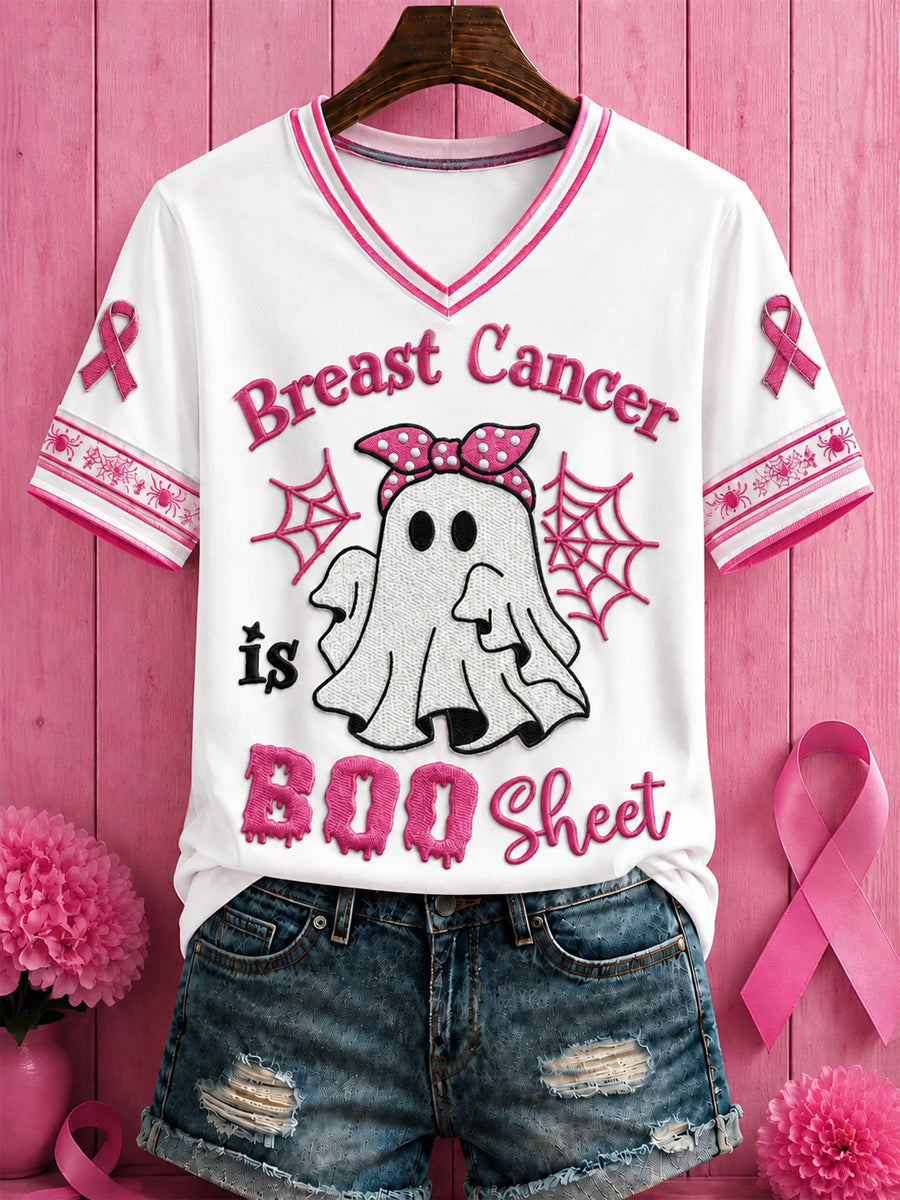 Women's Halloween Breast Cancer Pink Flowers Printed V-neck T-shirt