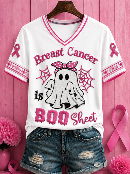 Women's Halloween Breast Cancer Pink Flowers Printed V-neck T-shirt