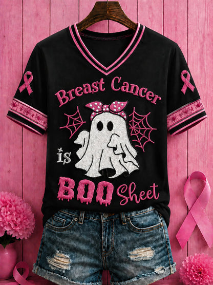 Women's Halloween Breast Cancer Pink Flowers Printed V-neck T-shirt
