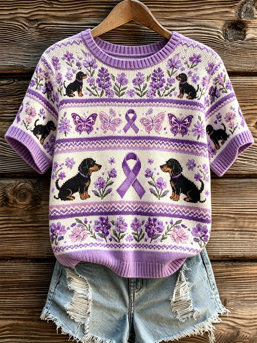 Women's cute dog with purple charity ribbon pattern printed casual short-sleeve knitted top