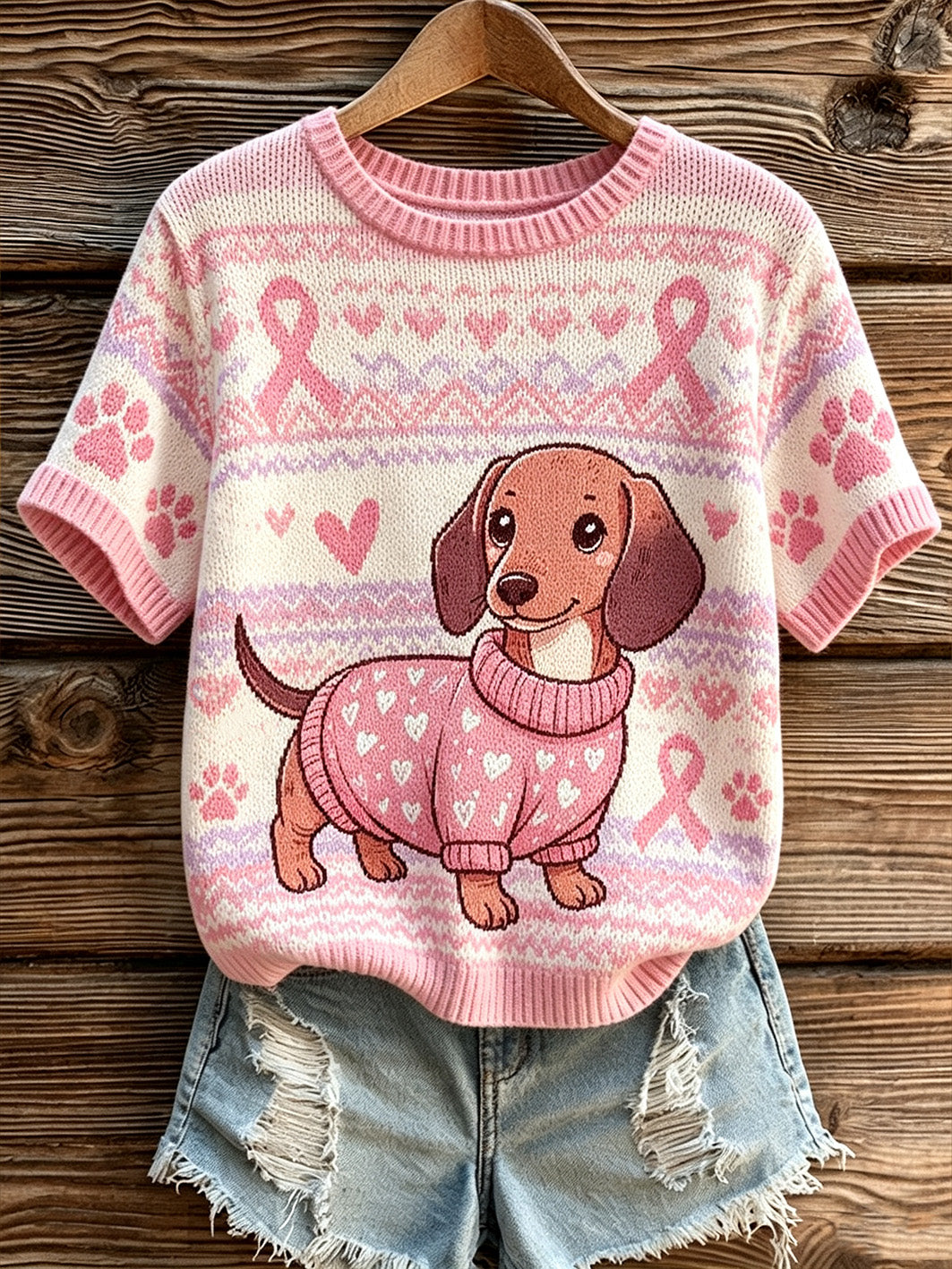 Women's cute dog and pink charity ribbon pattern printed casual short-sleeved Top