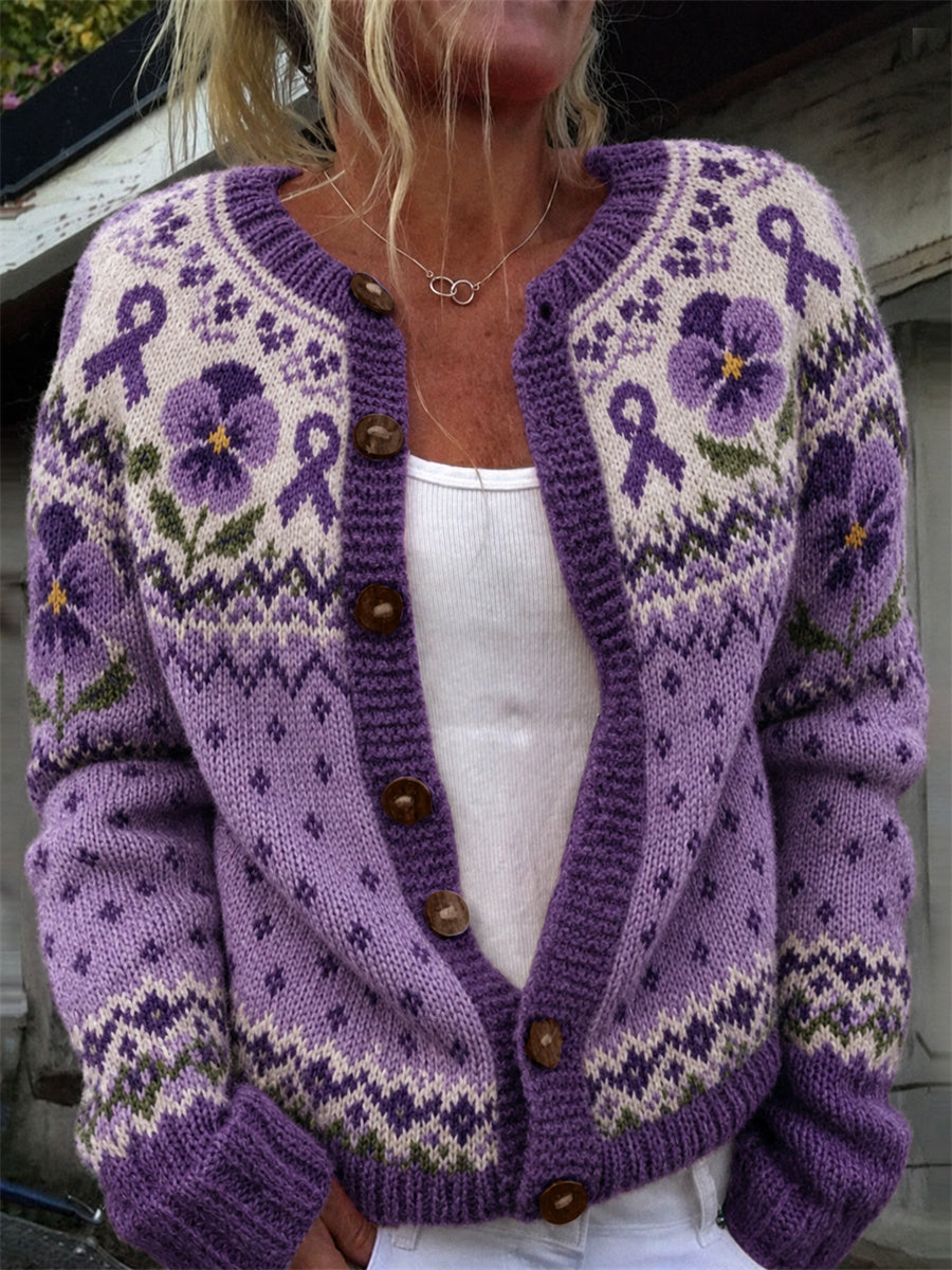 Women's Vintage Pansy Flowers Purple Ribbon Isle Pattern Print Cardigan