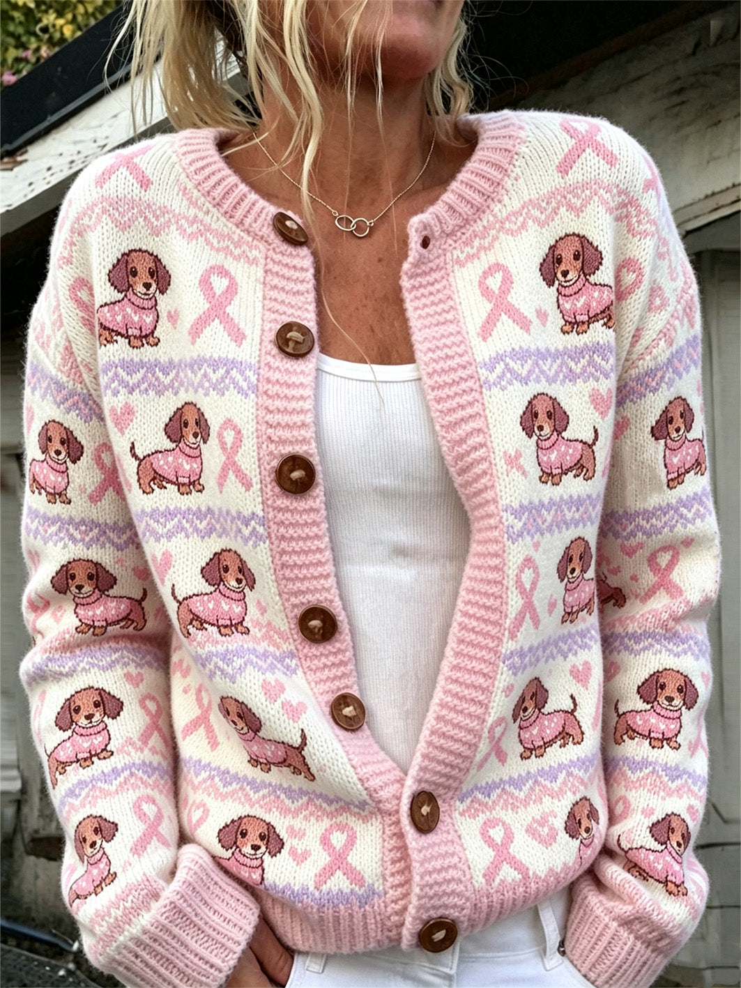 Women's cute dog and pink charity ribbon pattern printed casual cardigan