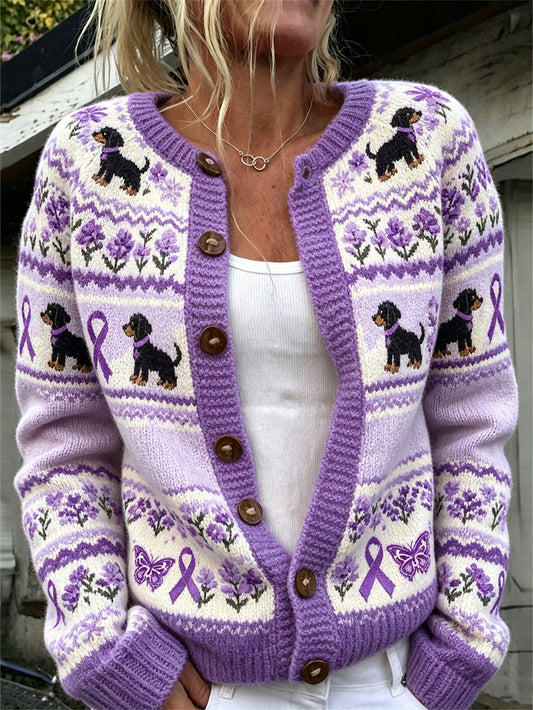 Women's cute dog with purple charity ribbon pattern printed casual cardigan