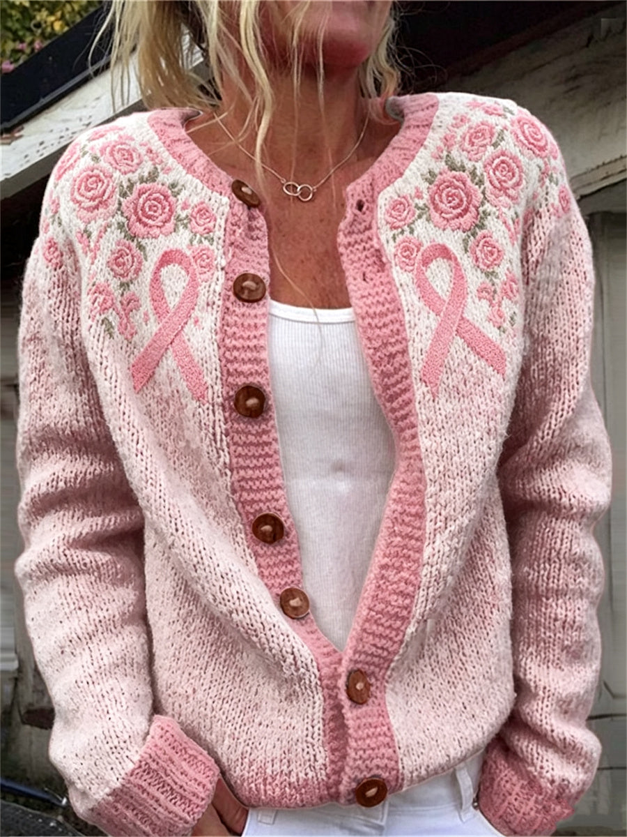 Women's Vintage Pink Roses Breast Cancer Ribbon Isle Pattern Print Cardigan