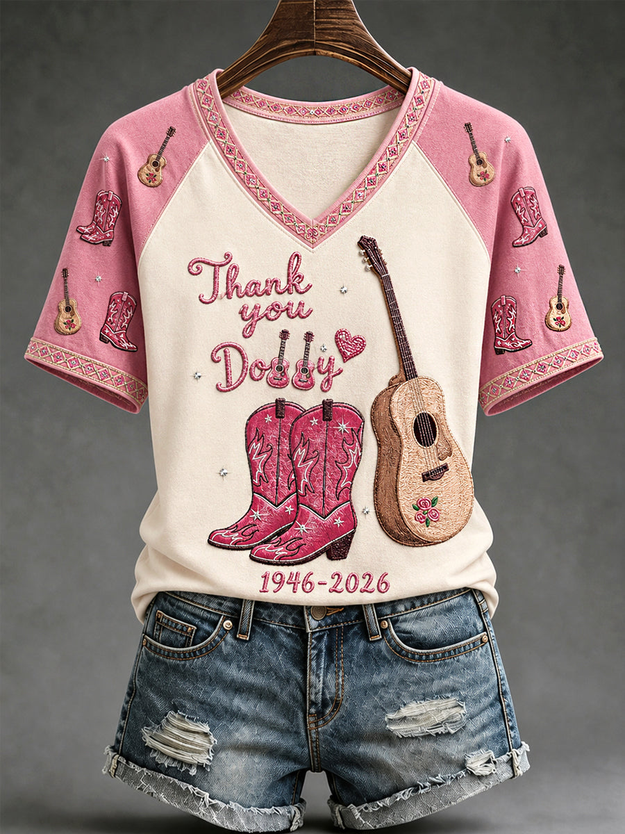 Women's Thank You Dolly Country Music Legend Tribute V-Neck Tee