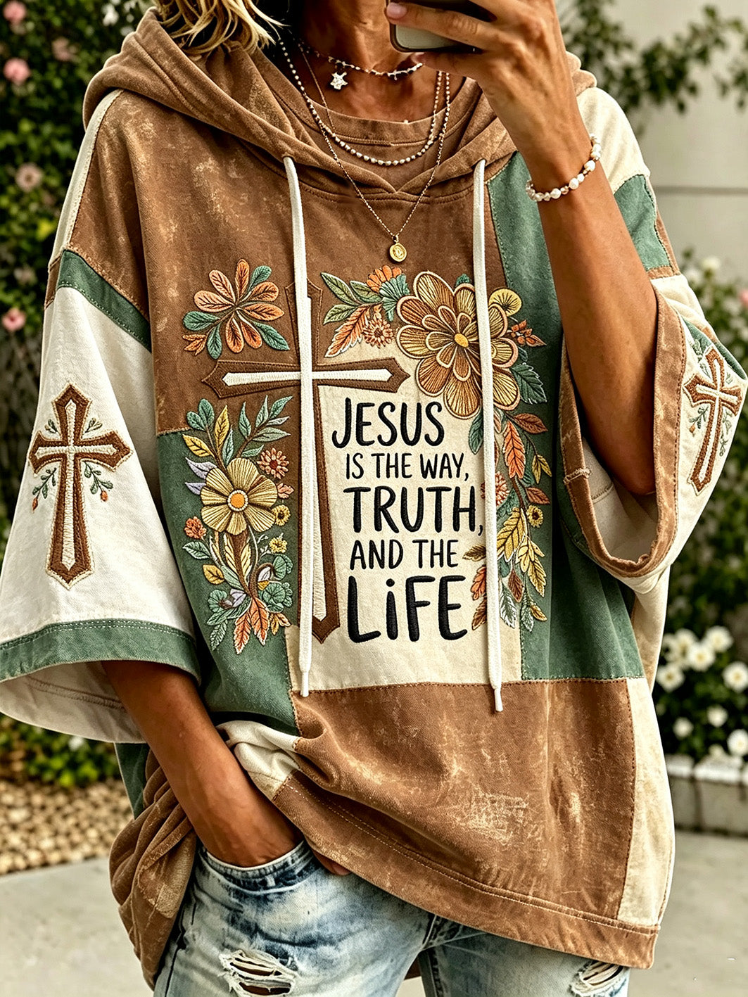 Women's  autumn theme faith slogan pattern color-blocked design casual hoodie