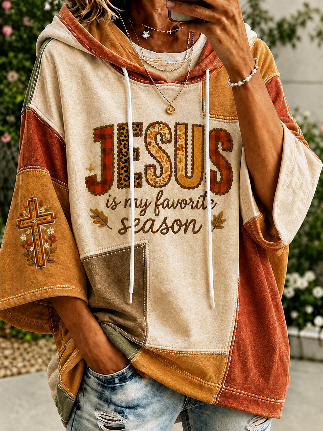 Women's  autumn theme faith slogan pattern color-blocked design casual hoodie