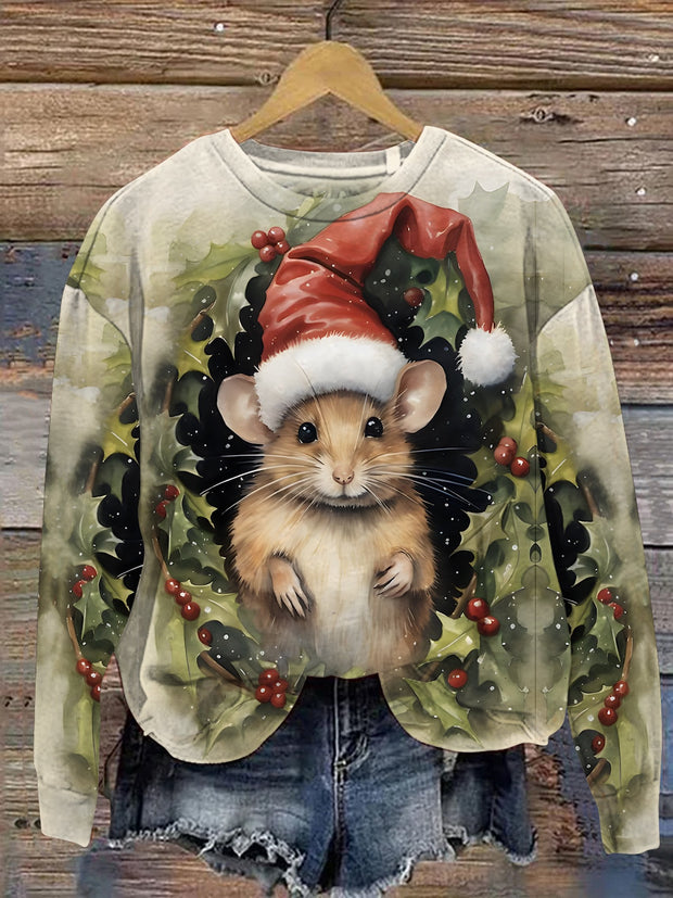 Christmas Cute Mouse Print Casual  Sweatshirt