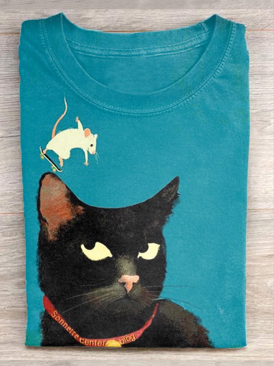 Unisex Funny Cat And Mouse Illustration Casual Short-Sleeved T-Shirt