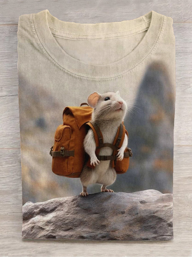 Fun outdoor hiking Funny Mouse Hamster art print crew neck t-shirt
